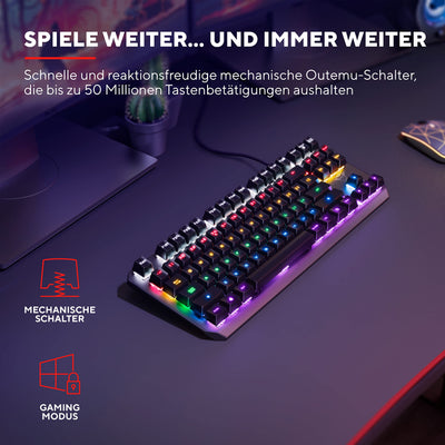 Trust Gaming GXT 834 Callaz TKL Mechanische Tastatur, Deutsches QWERTZ Layout, Outemu-Schalter, Mehrfarbige LED-Beleuchtung, 12 Media-Tasten, USB Gaming Tastatur 80% für PC, Laptop, Mac Schwarz