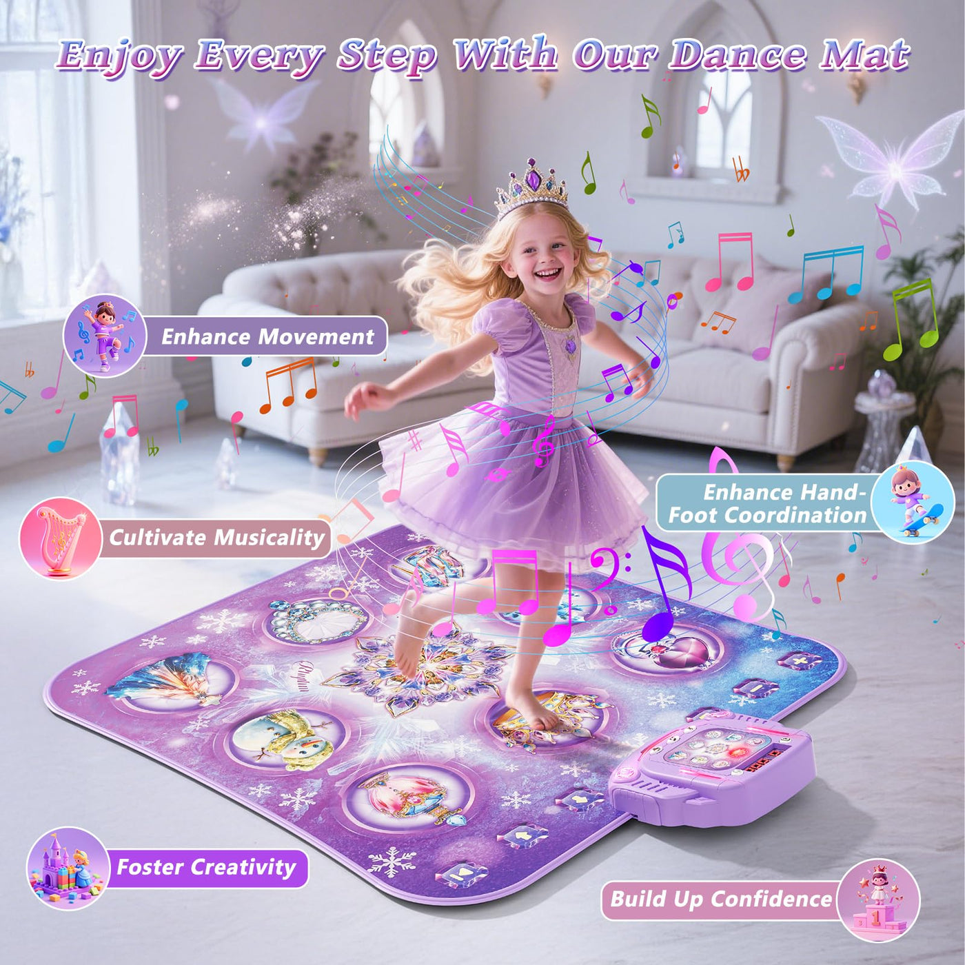 Tanzmatte Kinder Spielzeug Geschenke Mädchen: 8-Tasten Tanzmatte mit Bluetooth 4 Spielmodi Integrierte Musik Dance Mat Kids Geburtstag Weihnachts Geschenk für Lila Prinzessin Alter 3 4 5 6 7 8 9 Jahre