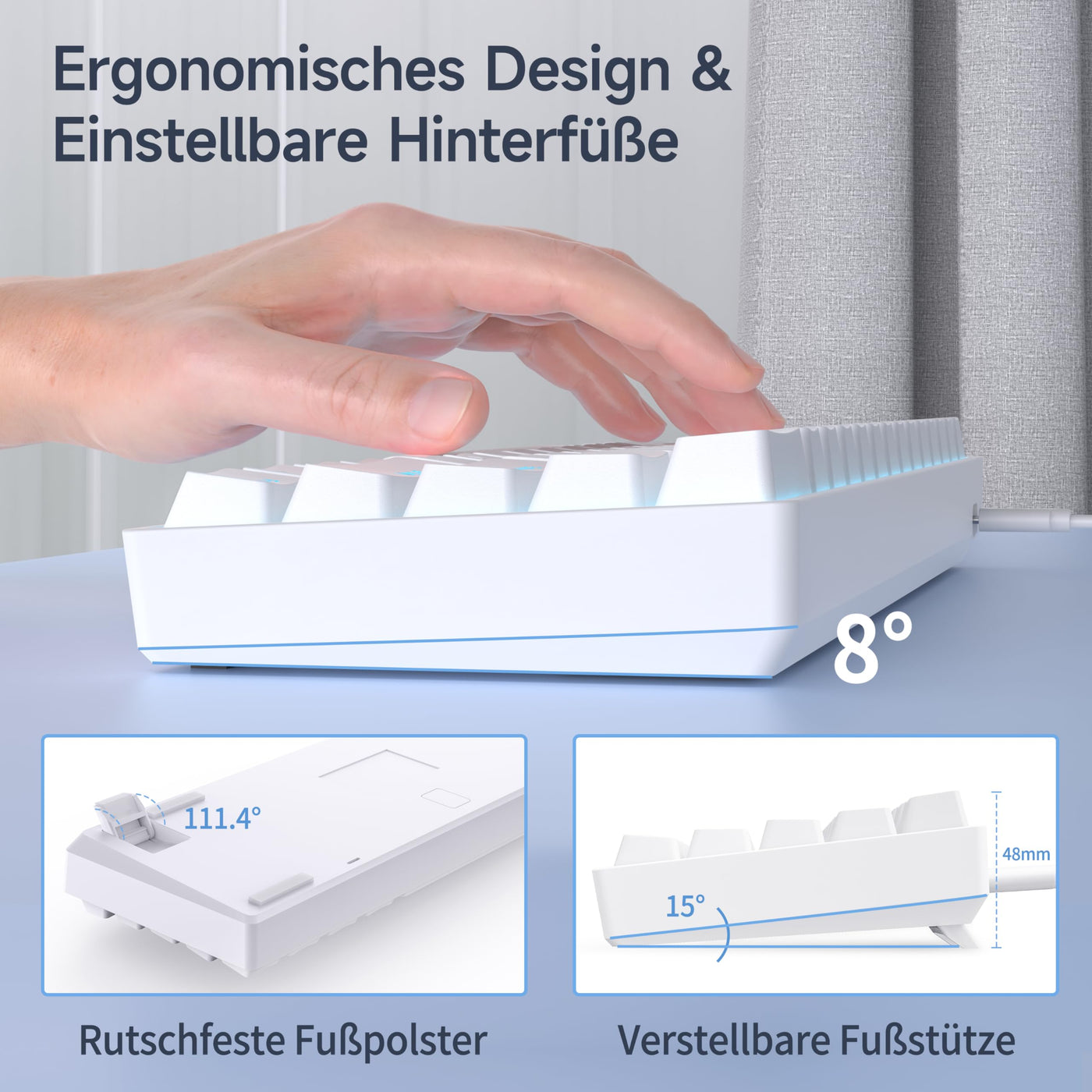 TMKB T61SE Gaming Mechanische Tastatur mit Deutsches QWERTZ Layout,Blauer Schalter,weiße