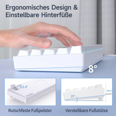TMKB T61SE Gaming Mechanische Tastatur mit Deutsches QWERTZ Layout,Blauer Schalter,weiße