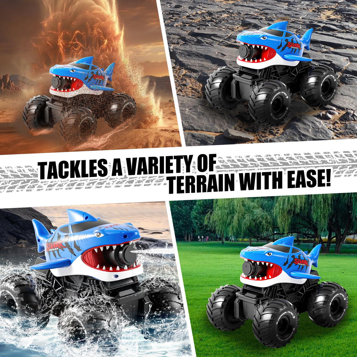 Amphibisches Ferngesteuertes Auto, 4WD 360° Rotation 2.4GHz RC Ferngesteuerter Haifischtruck, mit Sprühwasser, Wiederaufladbares Ferngesteuertes Amphibienfahrzeug als Geschenk für Kinder 3-12 Jahre