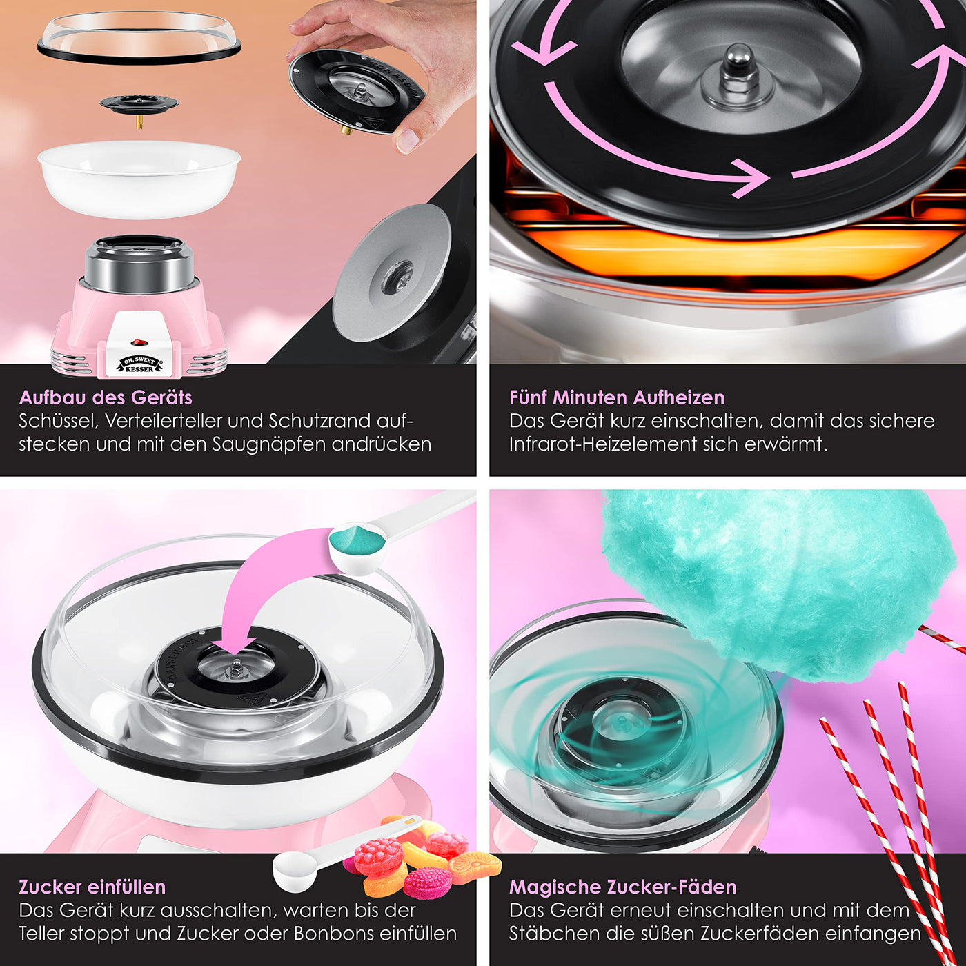 KESSER® Zuckerwattemaschine Set für Dein zuhause - Mit 30x Zuckerwatte Stäbchen & Messlöffel - Retro Cotton Candy Maschine - Zuckerwatte Maschine Mit Zubehör - Höhe 22 cm - 500 W Rosa Weiß