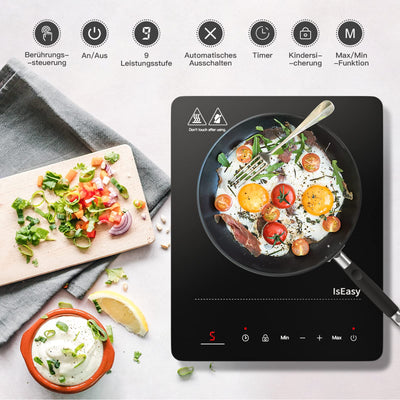 Induktionskochplatte, IsEasy Tragbares Induktionskochfeld 2100W,28cm Induction Hotplates, Kochfelder mit Stecker, 9 Heizstufen, 1-99Min Timer, Touch-Steuerung, Max/Min-Funktion, 220-240V