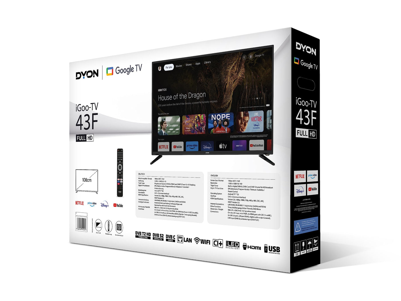 DYON iGoo-TV 43F 108cm (43 Zoll) Google TV (Full-HD, HD Triple Tuner, Prime Video, Netflix, Google Play Store für DAZN, Disney+, Apple TV+, Paramount+, waipu.tv UVM., Google Assistant) [Mod. 2023]