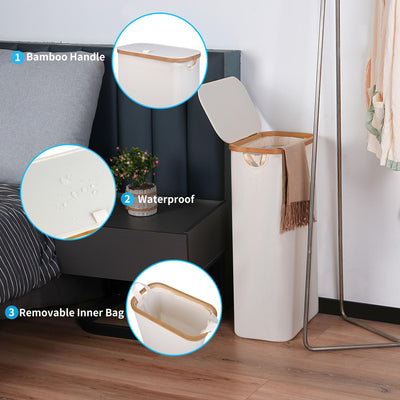 efluky Wäschekorb Schmal 63L, Schlanker Wäschekorb mit Deckel, Beige Faltbare Wäschebehälter mit Bambusgriffen und abnehmbarem Beutel für Waschküche, Schlafzimmer, Badezimmer