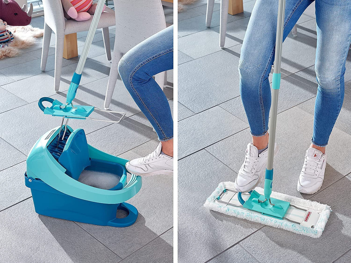 Leifheit rückenschonender Bodenwischer Profi XL micro Duo, Stahlstiel 146cm, Wischmopp mit Fußklick, Mikrofaser Bezug für Fliesen und Laminat, 360° Drehgelenk, Click-System, umweltfreundlicher Karton