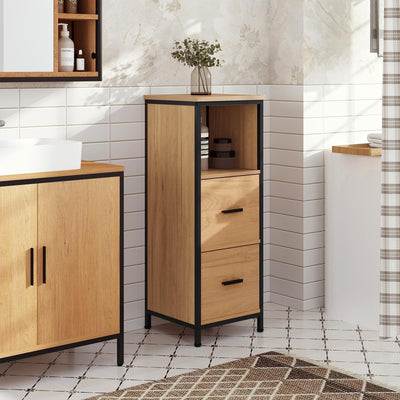 EUGAD Badezimmerschrank mit 2 abnehmbaren Schubladen, Badschrank schmal, multifunktionaler Aufbewahrungsschrank Eckschrank, Industrie Stil, mit Metallrahmen, Schwarz helle Eiche, 30x80x30 cm