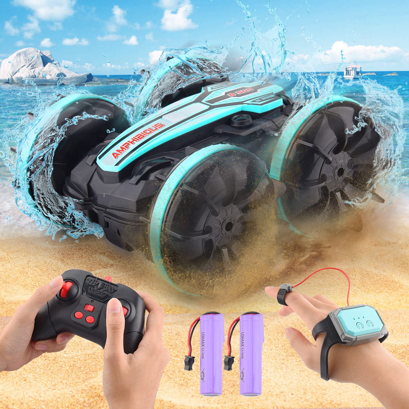 SIVQIKE 4WD Ferngesteuertes Auto,Amphibienfahrzeug ferngesteuert,Gestensensor Wasserdicht RC Stunt Auto 80 Min. Spielzeit Mit 50m Fernbedienung 360 °Drehung Off Road for 6+Jahre Kinder