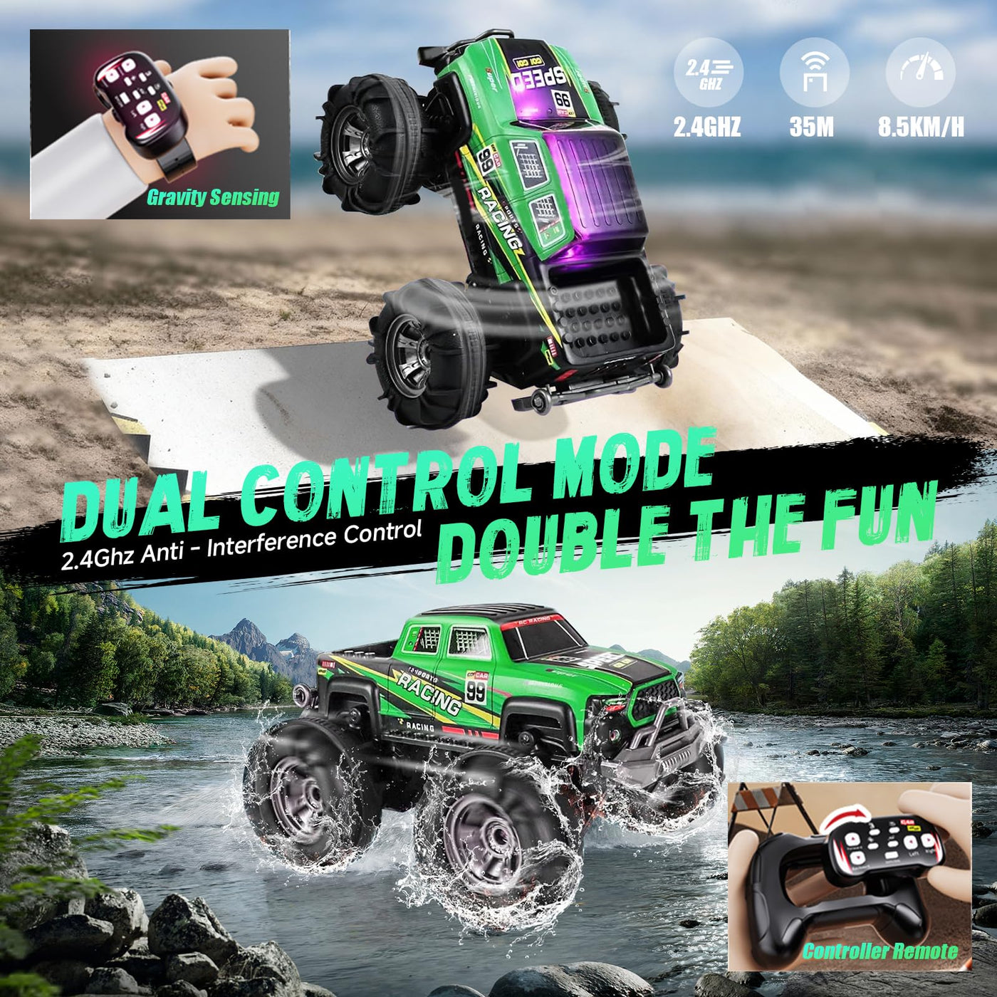 Gaeymy Amphibisches Ferngesteuertes Auto, 1:18 RC Auto Wasserdicht mit Gestensensor und LED Licht, 2,4 GHZ 4WD 360° Drift für Kinder