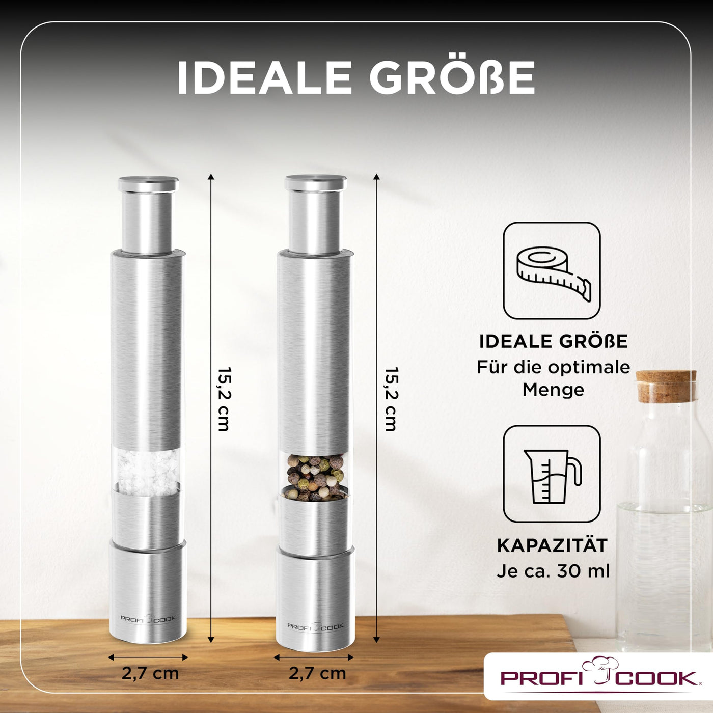 ProfiCook® Salz und Pfefferstreuer | Pfeffermühle | Salz und Pfeffermühle | 2er Set | Salzstreuer Edelstahl | robustes Mahlwerk | Einhandbedienung | 100% mechanisch | Gewürzmühle PC PSM 1160