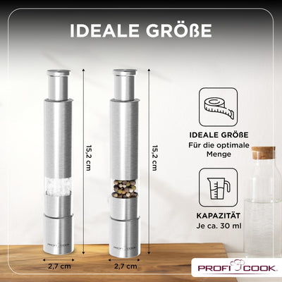 ProfiCook® Salz und Pfefferstreuer | Pfeffermühle | Salz und Pfeffermühle | 2er Set | Salzstreuer Edelstahl | robustes Mahlwerk | Einhandbedienung | 100% mechanisch | Gewürzmühle PC PSM 1160