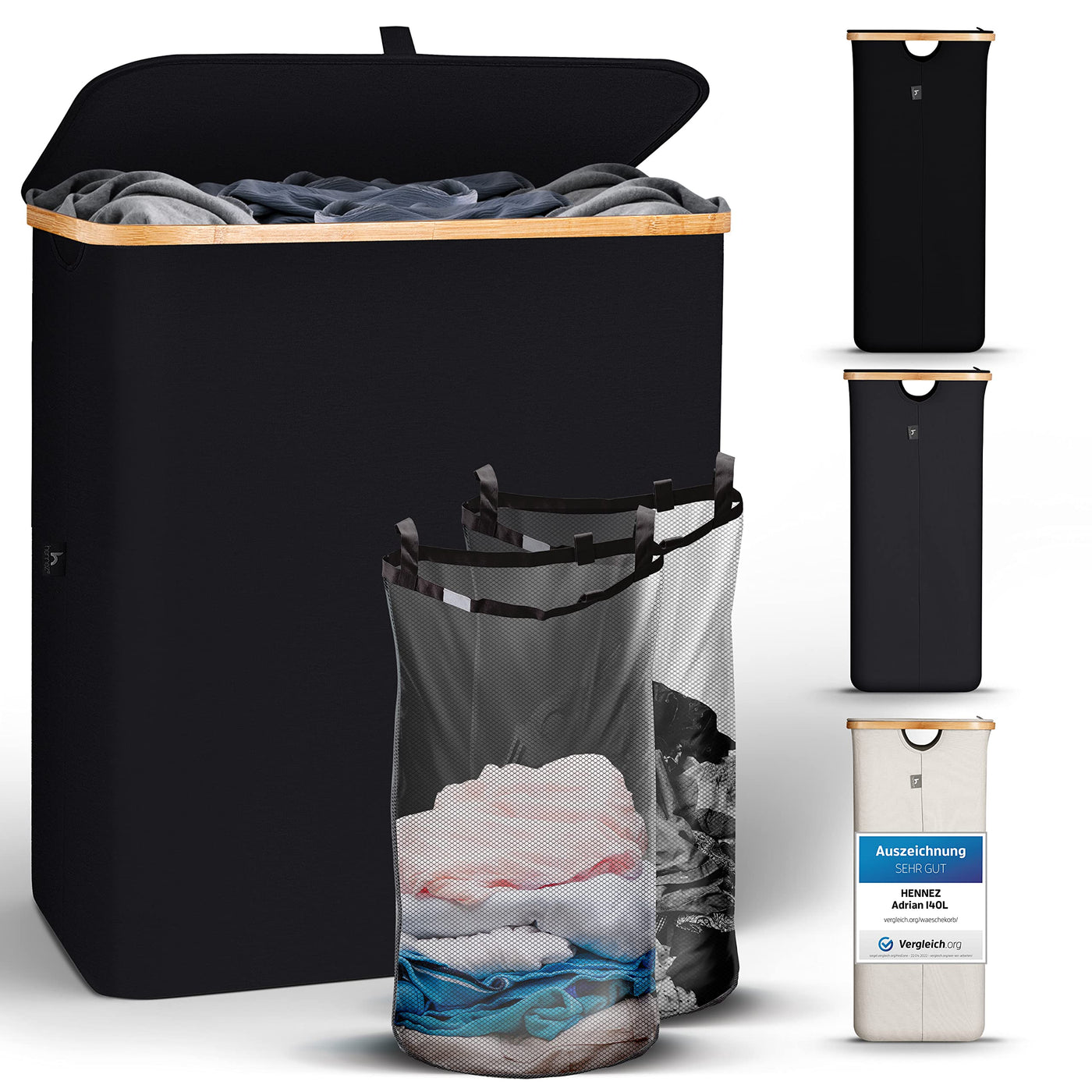 HENNEZ Wäschekorb mit Deckel 2 Fächer Wäschekorb schmal schwarz 141L Wäschesack - Wäschesortierer Anthrazit Wäschebox Wäschetonne schwarzer Wäschesammler mit Deckel Wäschetruhe dunkle Wäschekörbe