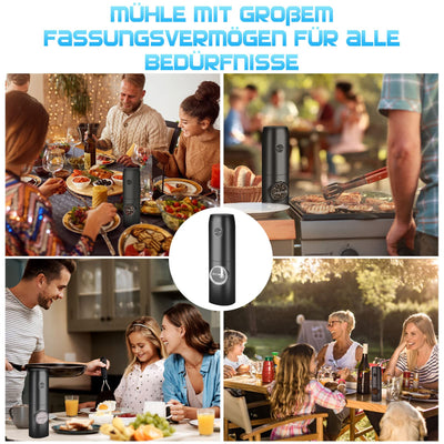 MILFECH Salz und Pfeffermühlen Elektrische 2er Set mit Wiederaufladbarer Basis, Einstellbarer Grobheit Gewürzmühle, Automatisches Mahlen, LED-Licht mit Reinigungsbürste für BBQ Restaurant Küche