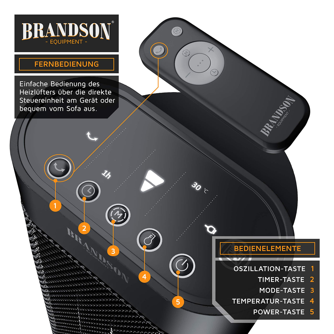 Brandson - Heizlüfter mit Fernbedienung - Preisträger 2025 - energiesparend leise - mit Thermostat Oszillation Timer - Schwarz