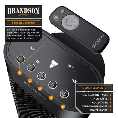 Brandson - Heizlüfter mit Fernbedienung - Preisträger 2025 - energiesparend leise - mit Thermostat Oszillation Timer - Schwarz