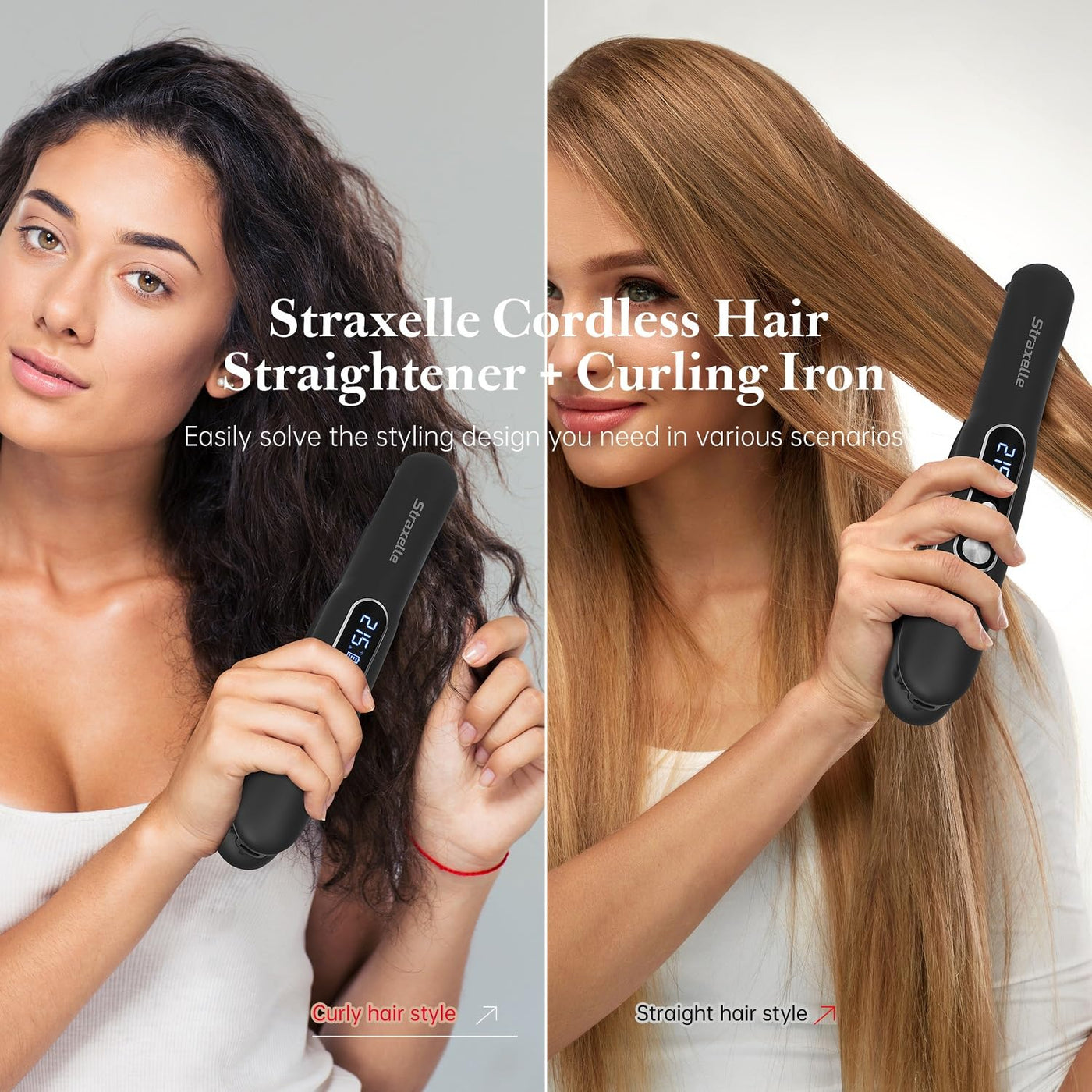 Straxelle Mini Glätteisen Kabellos 2 in 1 Glätteisen Locken und Glätten mit 5000mAh Reiseglätteisen 3 Einstellbare Temperaturen 175°C-215°C mit LED-Anzeige für Frauen Männer (Rosa)