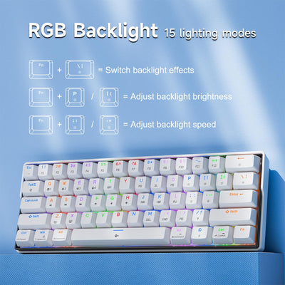 KEMOVE K61SE Gaming Tastatur, 60% Mechanische Tastatur mit Blauen Clicky Switches, RGB-Hintergrundbeleuchtung, Anti-Ghosting, Ultra-Kompakt 61 Tasten US-Layout, für PC Windows Gamer Typist, Weiß