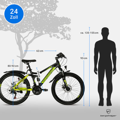Bergsteiger Broome 24, 26 Zoll Kinderfahrrad, Shimano 21 Gang-Schaltung, StVZO, Mountainbike mit Vollfederung, Scheibenbremsen & Dynamo-Licht, geeignet für 8, 9, 10, 11, 12, 13 Jahre, Jungen & Mädchen