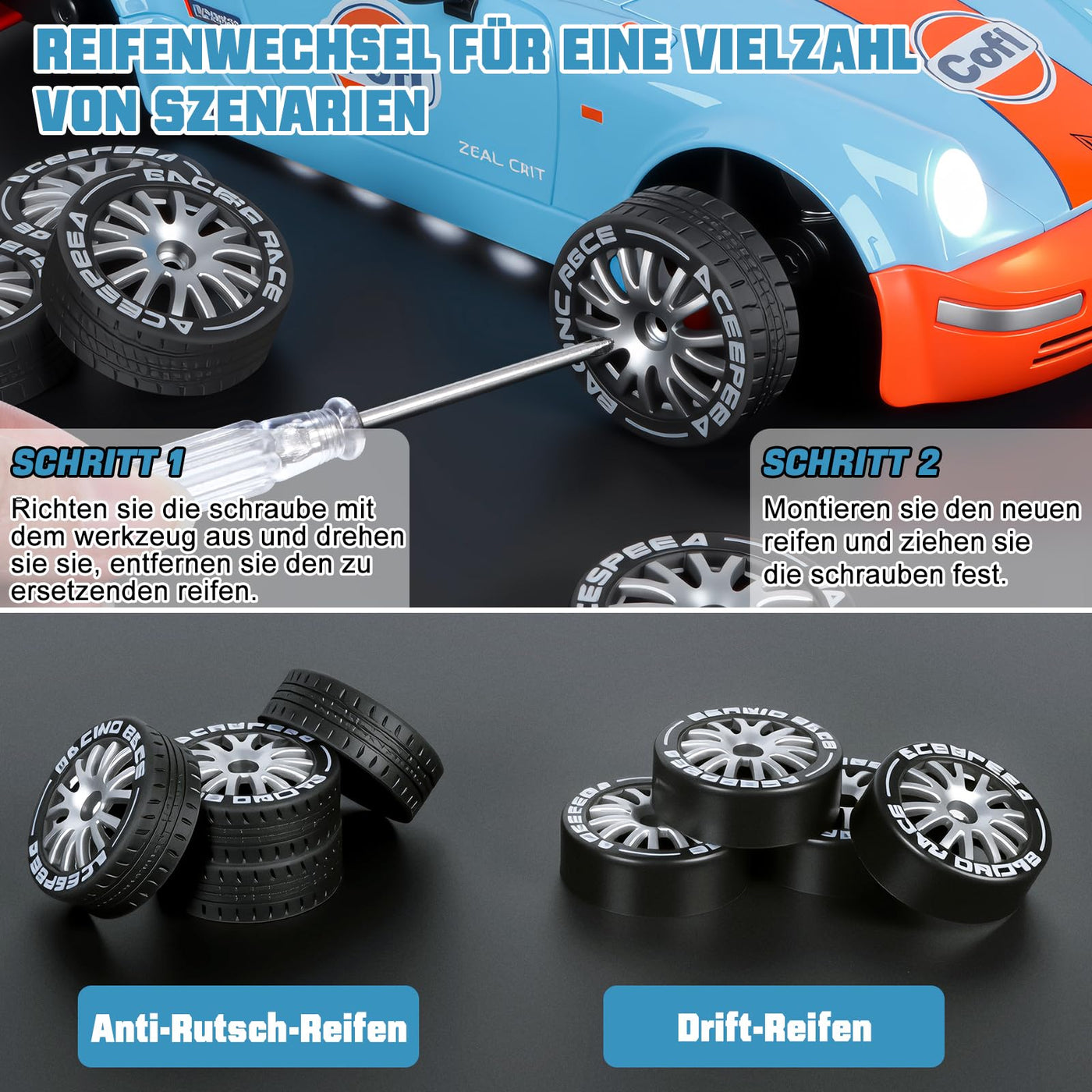 BuzzoXerex 1:20 RC Drift Car, 4WD Drift Auto Ferngesteuert, 15km/h RC Drift Auto, Mini Drift Car mit Unterbodenlicht und Straßensperren, Tabletop Drift RC Car für Kinder ab 8+ Jahre (Blau)