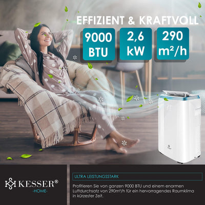 KESSER® Klimaanlage Mobil Klimagerät 4in1 kühlen, Luftentfeuchter, lüften, Ventilator - 9000 BTU/h (2.600 Watt) 2,7KW - Klima, Fernbedienung und Timer, Nachtmodul, Weiß