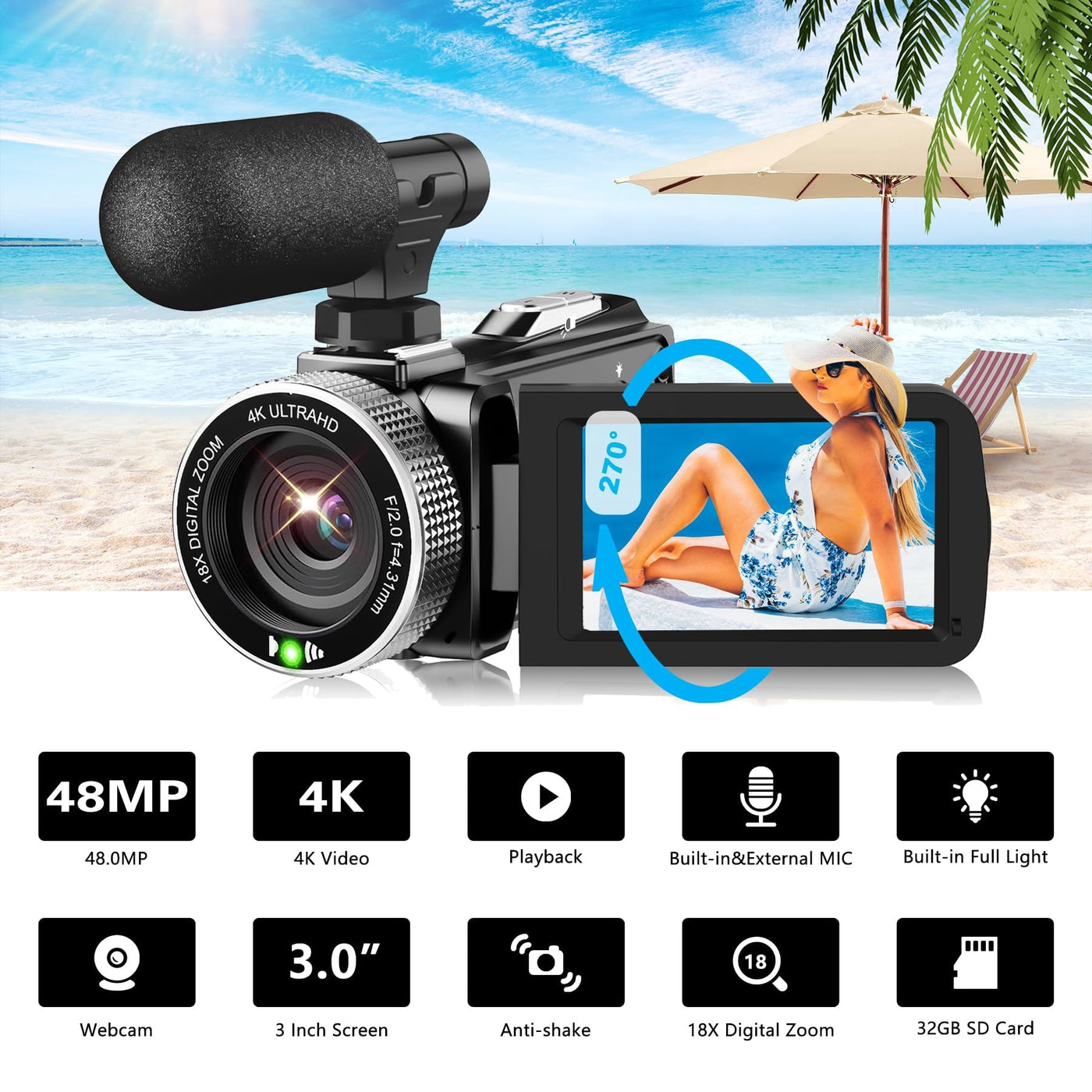 4K Videokamera 48MP 60FPS Camcorder für YouTube, FHD1080P Video Vlogging Kamera Recorder /18X Digital Zoom /3.0'' 270°Rotation IPS Bildschirm Kamera Camcorder, mit Fernbedienung 2 Batterien/SD Karte