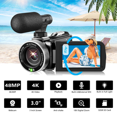 4K Videokamera 48MP 60FPS Camcorder für YouTube, FHD1080P Video Vlogging Kamera Recorder /18X Digital Zoom /3.0'' 270°Rotation IPS Bildschirm Kamera Camcorder, mit Fernbedienung 2 Batterien/SD Karte