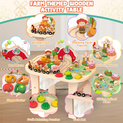 Aktivitätstisch für 1-jährige, Holz-Sinnestisch mit Perlen Labyrinth, Formensorter und Tierische Schienenbahn, Montessori-Farm-Spielcenter, Lernspielzeug ab 12 Monaten (Natürlich)