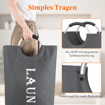 Lifewit 2 Set Faltbarer Wäschekorb 100L, Tragbarer Wäschesammler mit Aluminiumgriff Oxford Stoff Wäschesack Aufbewahrung für Kleidung/Badetuch/Bettbezug Schlafzimmer Badezimmer Waschraum, Grau