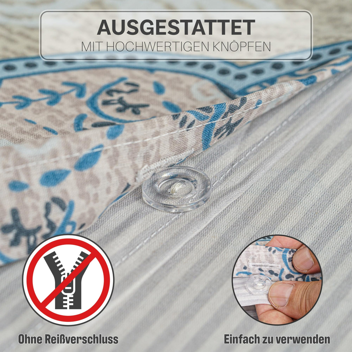 iNaAm Bettwäsche-Set 5-teilig 200x200 Baumwolle Bettbezug mit Knöpfen +2 Kissenbezug 80x80 +2 Kissenbezug 40x80 mit Hotelverschloß für Sommer&Winter (Blau, Doppel)