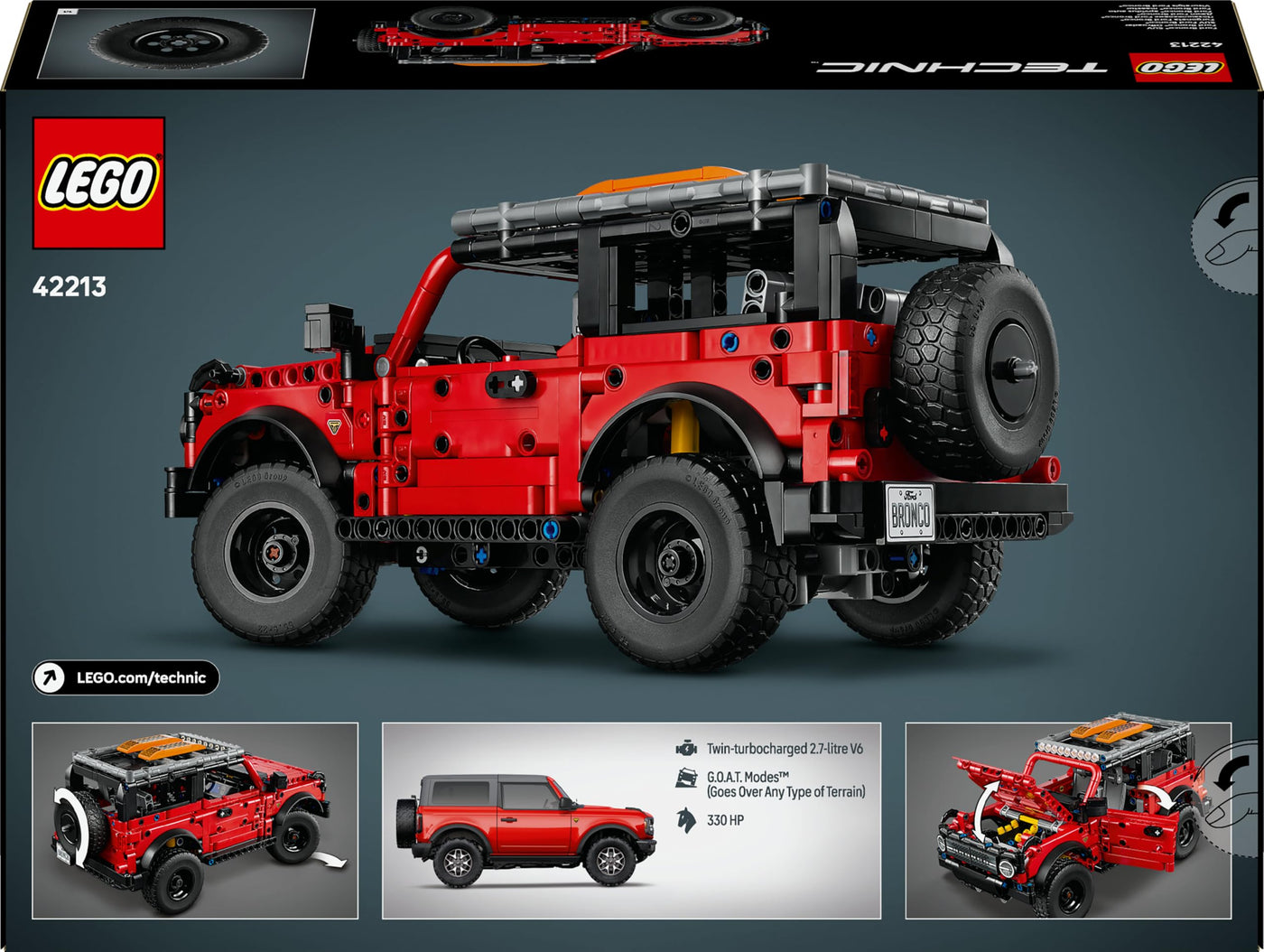 LEGO Technic Ford Bronco SUV Offroad-Fahrzeug – Modellauto mit aufklappbaren Türen, V6-Motor, Federung und Lenkung – Sammelmodell und Geschenk für Jungen ab 9 Jahren – 42213
