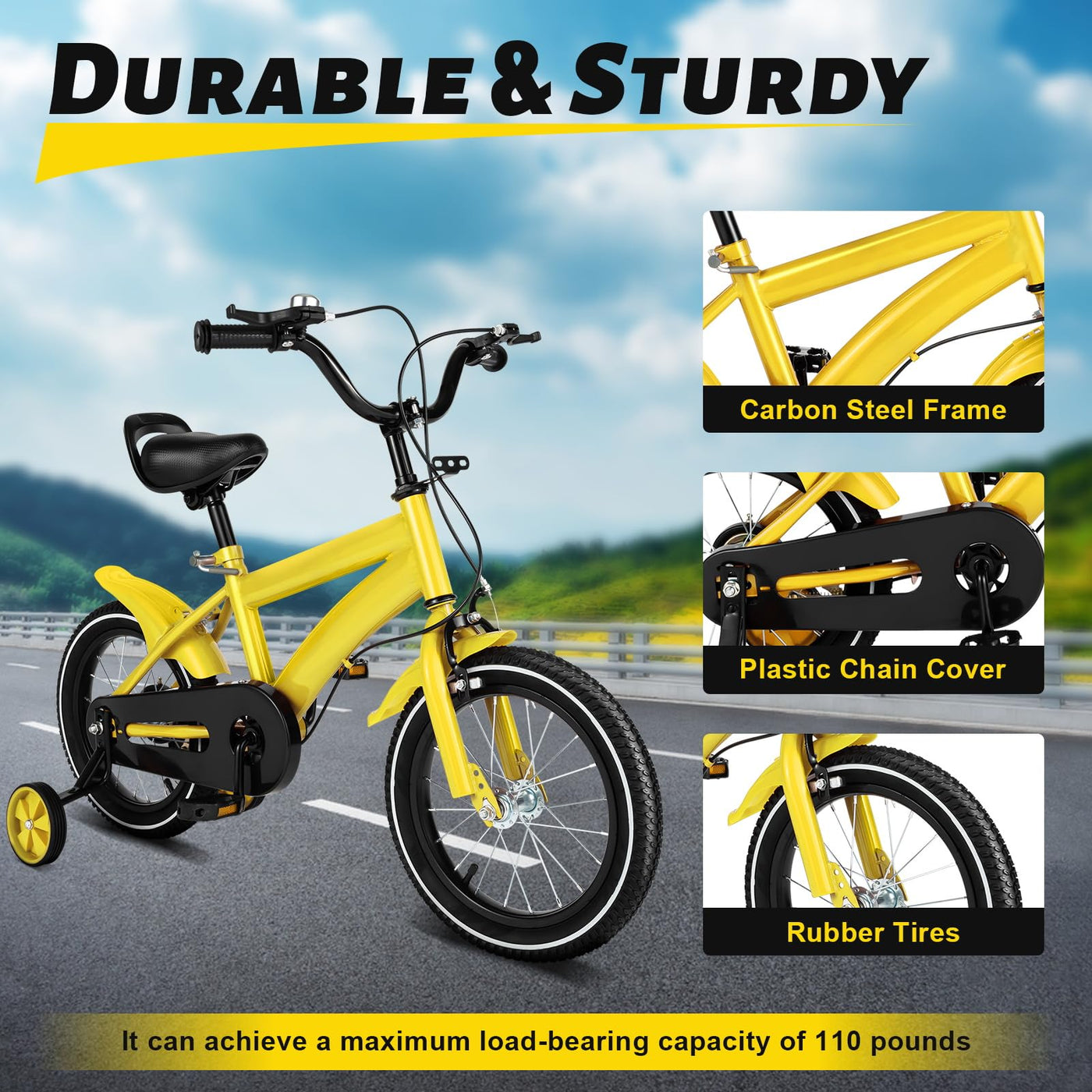 TFIANYNI Kinderfahrrad 14 Zoll, Kohlenstoffstahl Fahrrad 14 Zoll Mit Stützräder Abnehmbare, Fahrrad Für Kinder 100-115cm, Max Tragfähigkeit 50kg, Kinderrad Geschenke (Gelb)