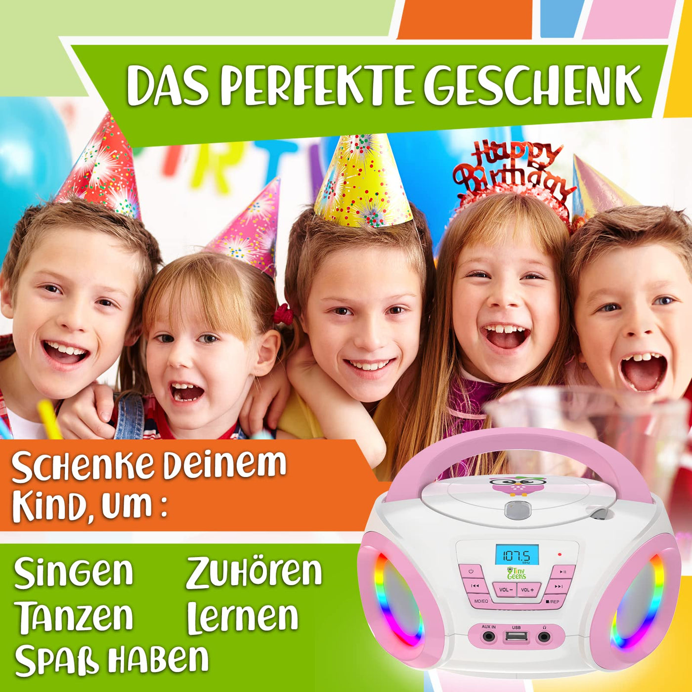 TinyGeeks Tunes Kids Boombox CD-Player für Kinder NEU + UKW-Radio + Inklusive Batterien + Rosa Radio - mit Lautsprechern Kinder und Kleinkinder - Rosa