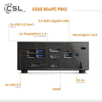 Mini PC ASUS PN42 mit Windows 11 Home, Intel N200 4X 3700 MHz, 1000 GB M.2 SSD, 32 GB DDR4-RAM, Intel UHD Grafik, HDMI 2.0, DP 1.4, USB 3.2, BT 5.1, WLAN