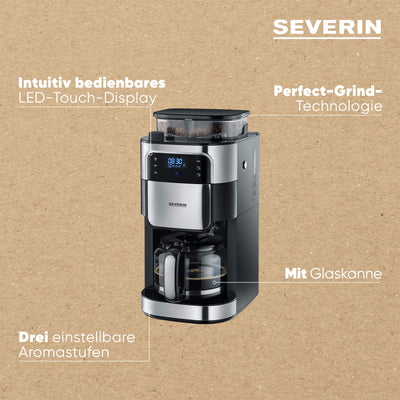 SEVERIN Kaffeemaschine mit Mahlwerk, Kaffeeautomat mit Glaskanne und Timer-Funktion, auch als Filterkaffeemaschine, für bis zu 10 Tassen Kaffee, 1000 Watt, schwarz/ Edelstahl, KA 4813