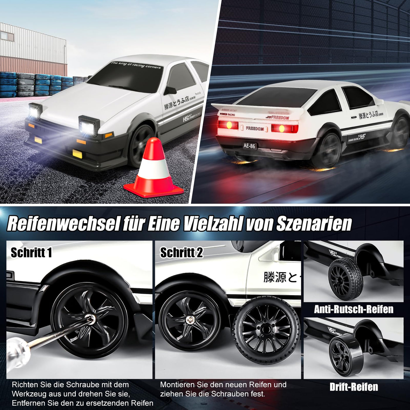 BuzzoXerex Drift Auto Ferngesteuert, Mini Drift Car, 1:24 4WD Mini RC Auto mit LED-Leuchten,18 km/h, RC Ferngesteuertes Spielzeugauto für Erwachsene und Kinder ab 6 Jahre älter (Weiß)