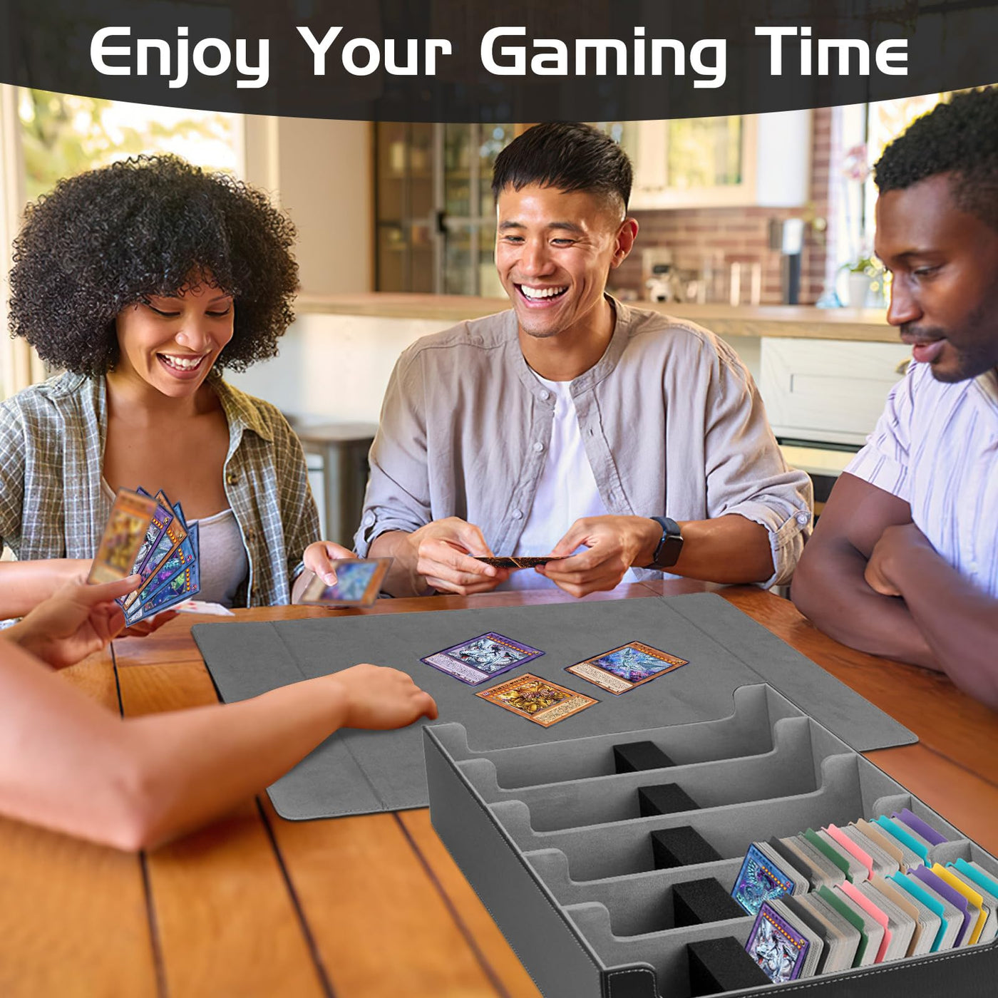 CAUTIOUS 5R Pokemon Deck Box, Sammelkarten Box für 3800+ Karten, MTG-deck Box, Trading Card Box mit 5 Verstellbaren Kartentrennern, mit 48 kompatiblen Kartenteilern (schwarz+grau)