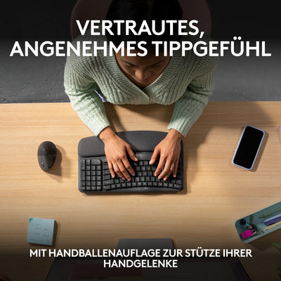 Logitech Wave Keys und Lift vertikale Maus – Ergonomisches Bundle – kabellose Tastatur mit gepolsterter Handballenauflage und vertikale kabellose Maus – Bluetooth, Multi-OS, Windows/Mac - Graphit