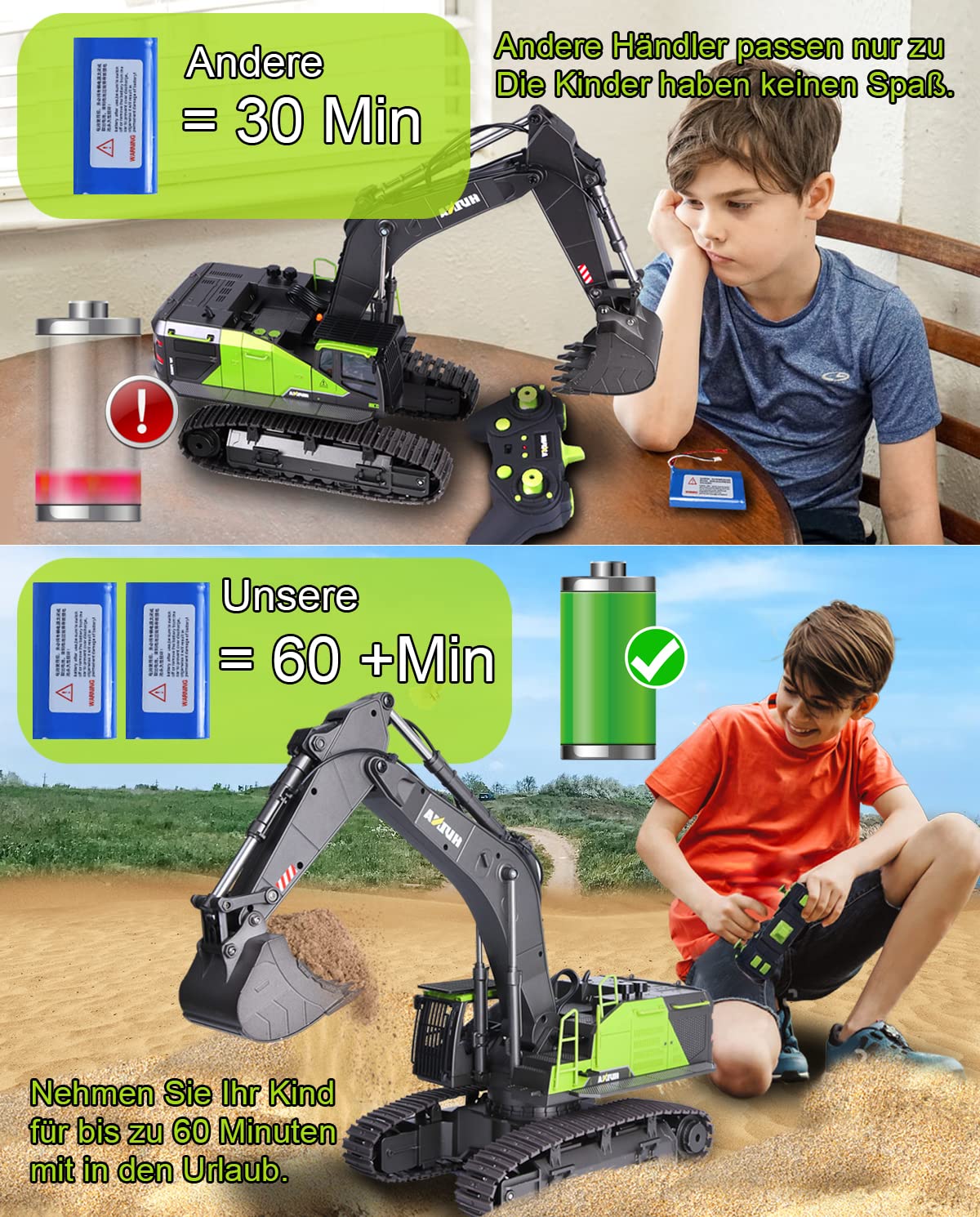 Generisch Huina 1593 Ferngesteuertes Baggerspielzeug, RC-Bagger-Sandkasten mit voll funktionsfähiger Bagger-Fernbedienung und Metallschaufel, ferngesteuert, mit Akku und Ladegerät, 2 Akkus, 3 Aufsätze