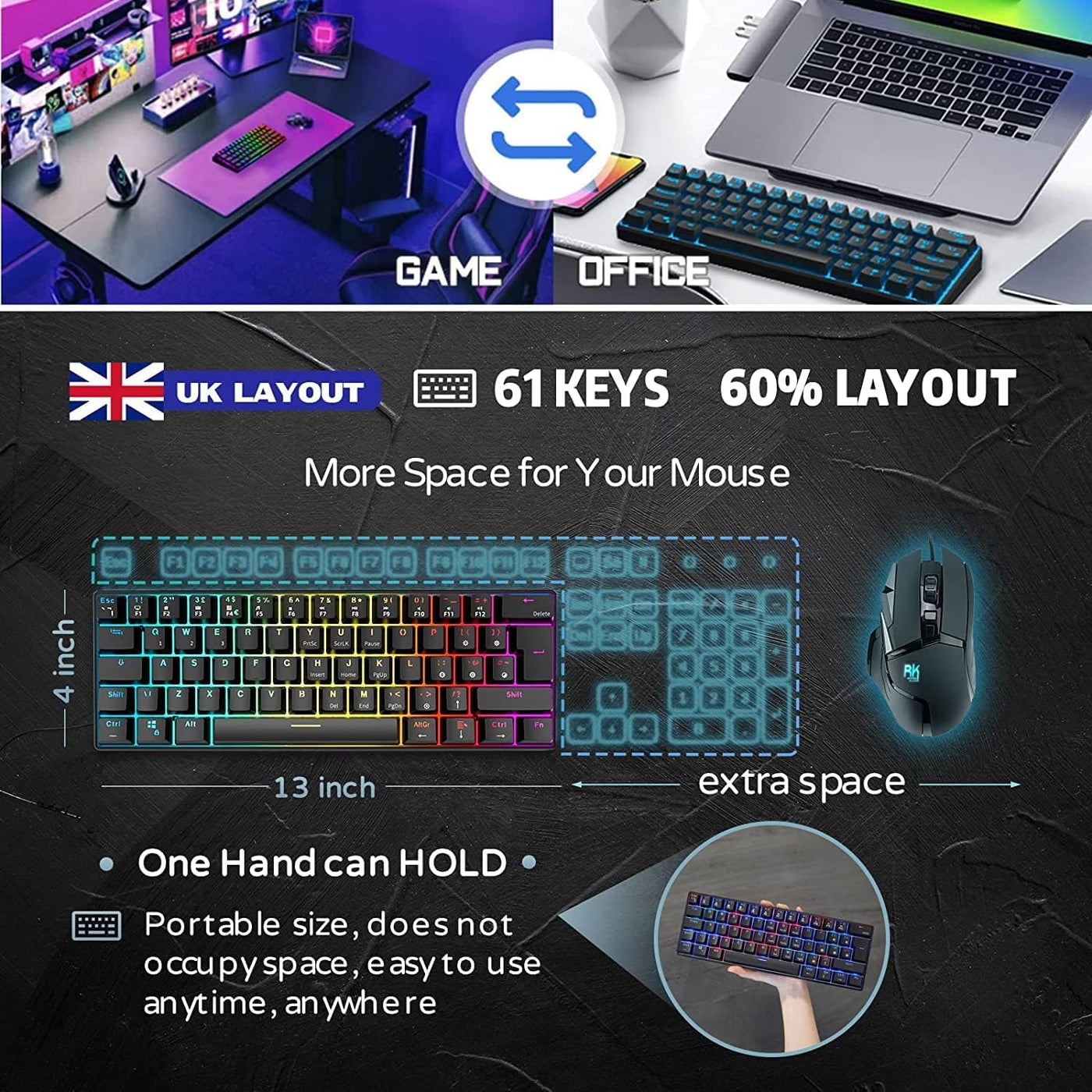 RK ROYAL KLUDGE RK61 Mechanische Tastatur 2,4 GHz Kabellose/Bluetooth/Verkabelte 60% Gaming Tastatur RGB-Beleuchtung Hot-Swap-fähiger Blauer Schalter, Kompatibel für Win/Mac, Schwarz (QWERTZ)