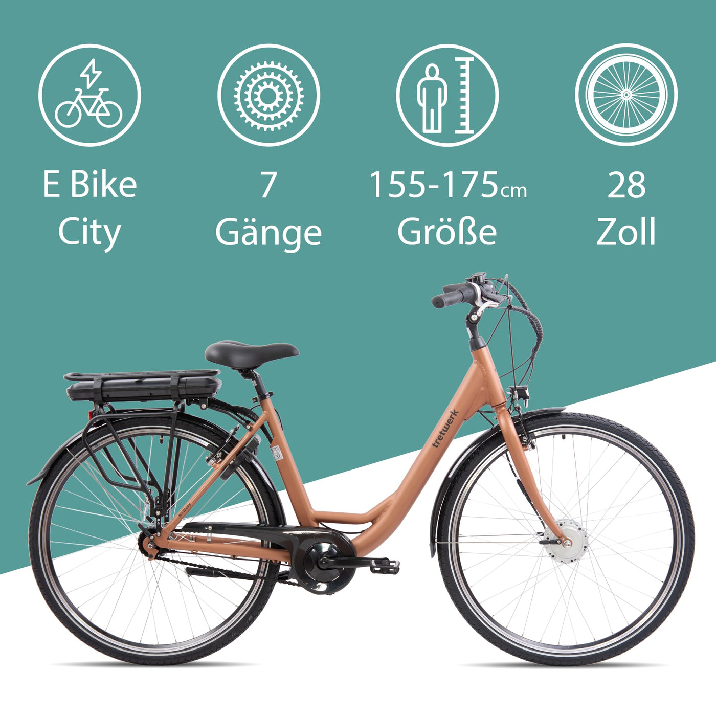 TRETWERK 28 Zoll E-Bike Cloud Mars Metal - E-Citybike Damen Fahrrad mit 7 Gang Nabenschaltung - Elektrofahrrad mit Frontmotor 250W, 36V