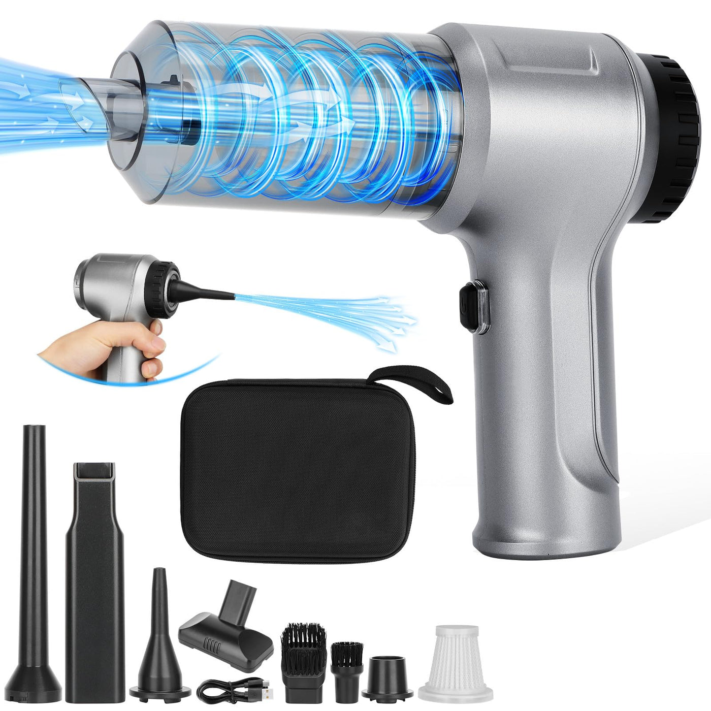 VEUWOLM Handstaubsauger, 12000Pa Handstaubsauger Akku, 3 in 1 Auto Staubsauger Staubgebläse Druckluft Handsauger, USB Wiederaufladbarer Mini Staubsauger, Tastatursauger für Auto, Haus, Büro, Silber