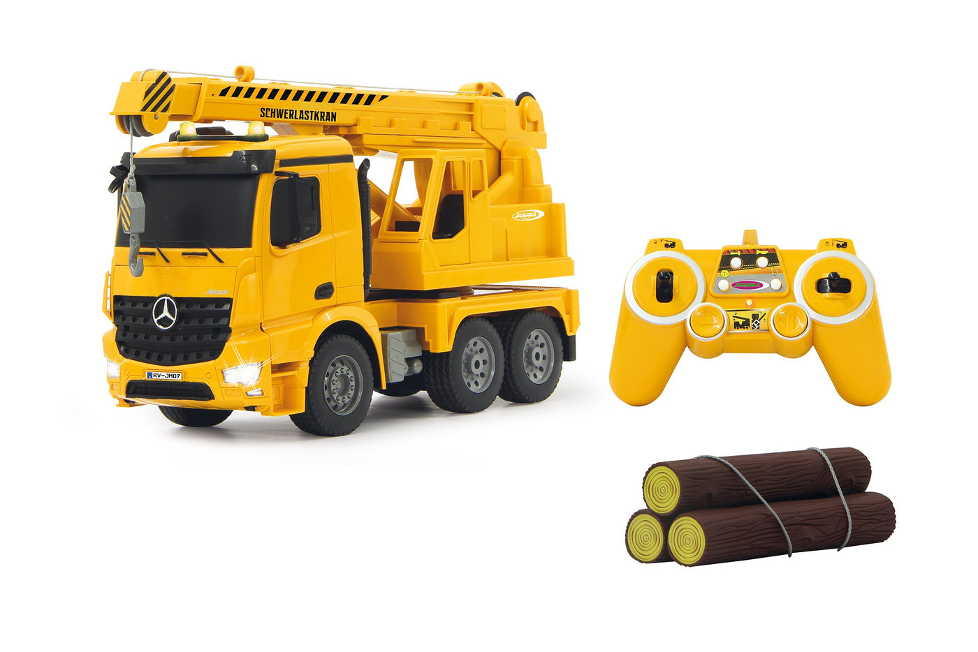 JAMARA 404950 - Schwerlastkran Mercedes Arocs 1:20 2,4G - drehbarer und ausfahrbarer Kran, Seil Heben/senken, realistischer Motorsound, Hupe, Rückfahrwarnsound, 4 Radantrieb,gelbe LED Signallichter