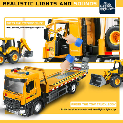FUYLEY Abschleppwagen Spielzeug, Metallkabine Flachbett Abschleppwagen Spielzeug für Jungen Alter 3-7 mit Baggerlader, Reibung angetrieben Anhänger Baufahrzeuge mit Lichtern Sounds