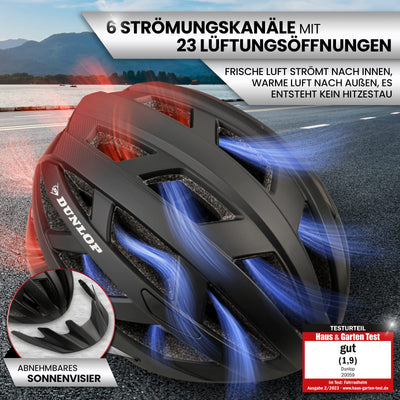 Dunlop Sports Fahrradhelm mit Licht-Sofort gesehen Werden-Ultraleichter Spezial Damen Herren Kinder Fahrrad Helm mit Visier und Rücklicht für hohe Sicherheit-Urban Helm (Schwarz/Rot, M (55-59 cm))