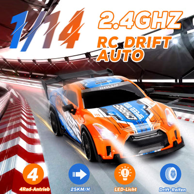 JONRRYIN Drift Ferngesteuertes Auto, 1:14 RC Drift Car, 4WD Fernbedienung Rennwagen mit Driftfunktion, LED-Leuchten, 25km/h, Spielzeugauto für Erwachsene und Kinder ab 8 Jahre älter