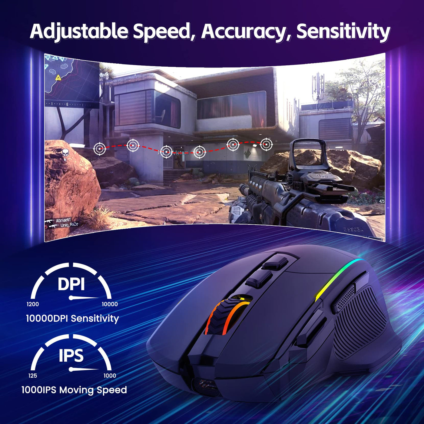 RisoPhy Gaming Maus Kabellose RGB,2.4G/USB-C/Bluetooth Maus mit 8 Programmierbare Tasten/10000DPI/7 RGB Beleuchtung,Wireless Ergonomische Maus für PC/Mac Gamer