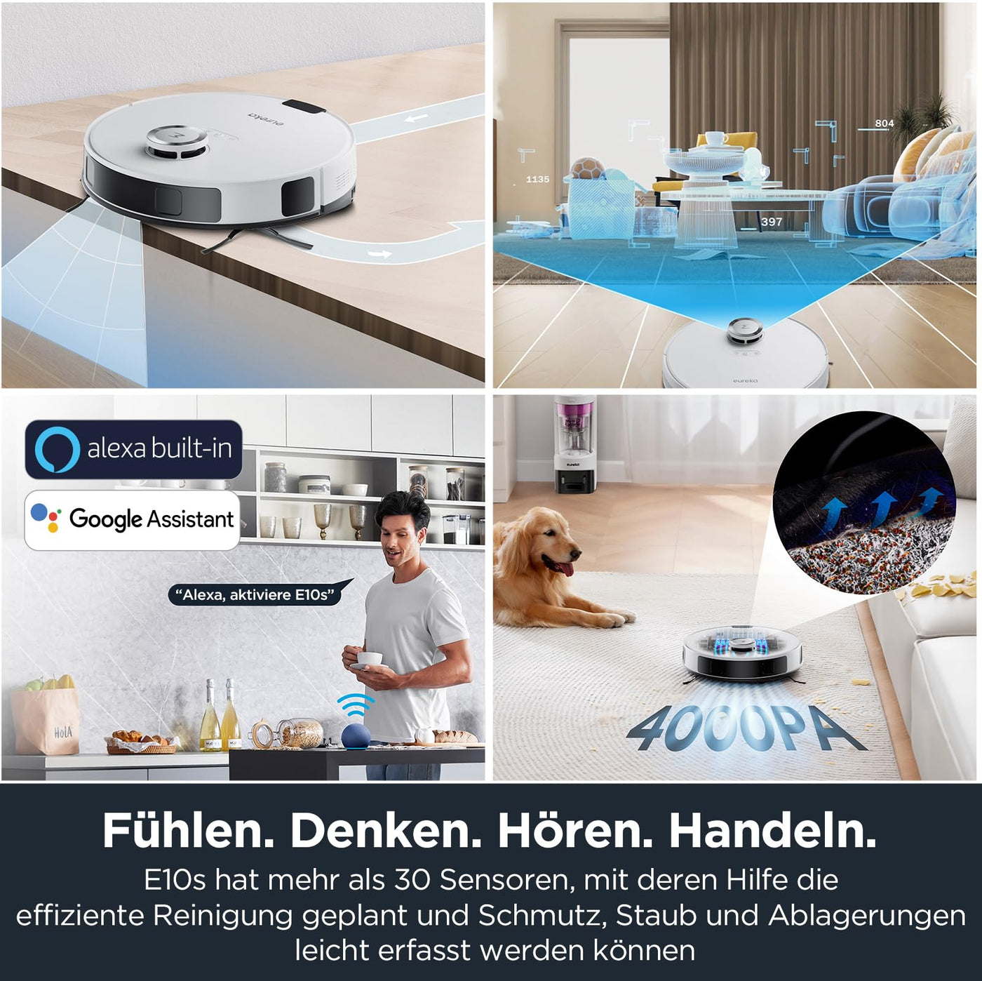 EUREKA E10s DE Saug- & Wischroboter + beutelloser Multi-Zyklon-Absaugstation (4000Pa, Auto Teppicherkennung & Auto Mop Lifting, LiDAR-Navigation, ideal gegen Tierhaare, App- & Sprachsteuerung) weiß