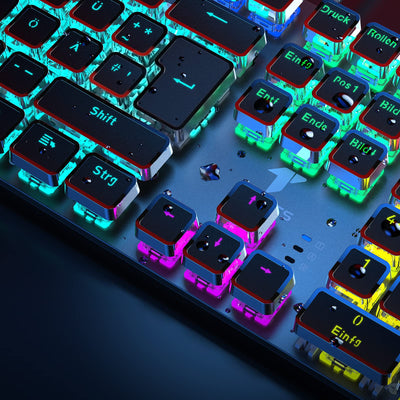 TECURS Mechanische Gaming Tastatur - QWERTZ Mechanical Keyboard mit Magnetische Handgelenkauflage, Multimedia-Tasten, 105 Tasten Kabelgebundene Rote Schalter Tastatur für PC/PS5/PS4, 19 LED Modi