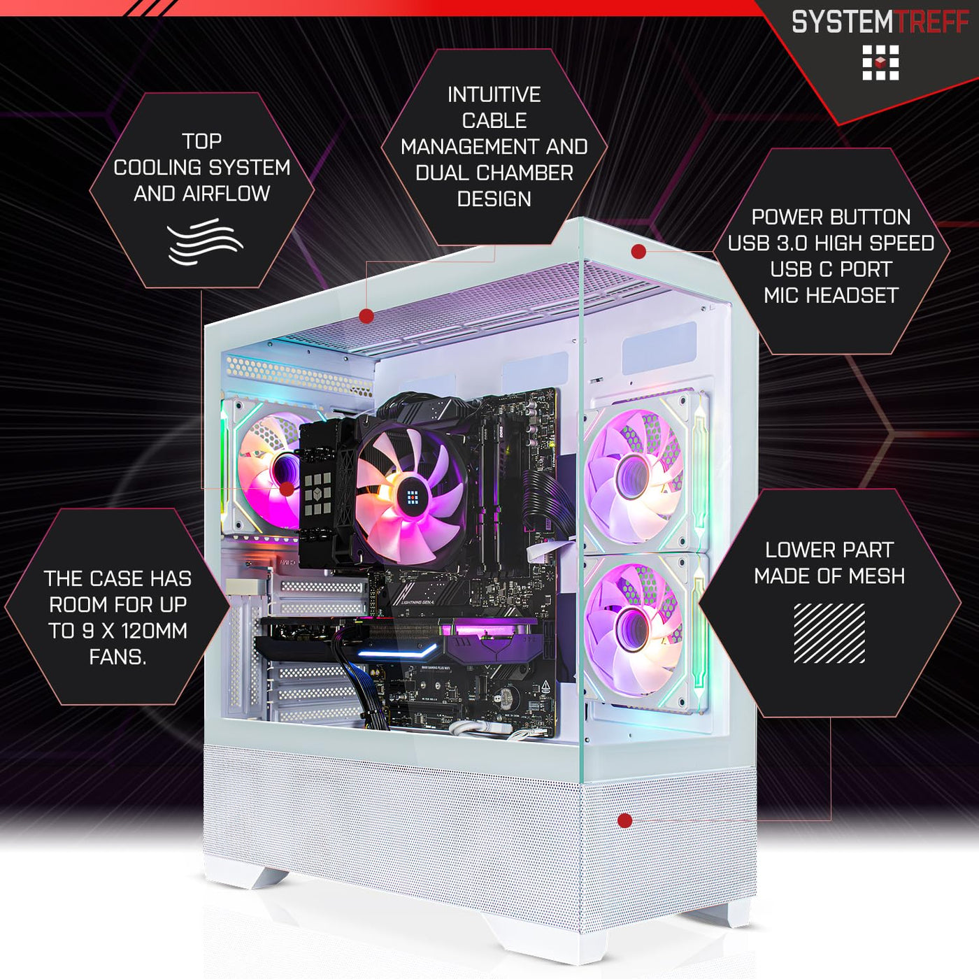 SYSTEMTREFF Basic Gaming PC weiß AMD Ryzen 7 5700G 8x4.6GHz | AMD Radeon RX Vega 8 4K HDMI DX12 | 512GB M.2 NVMe | 16GB DDR4 RAM | WLAN Desktop Computer Rechner für Gamer, Zocker
