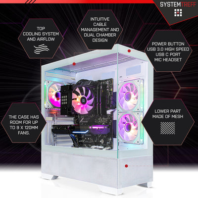 SYSTEMTREFF Basic Gaming PC weiß AMD Ryzen 7 5700G 8x4.6GHz | AMD Radeon RX Vega 8 4K HDMI DX12 | 512GB M.2 NVMe | 16GB DDR4 RAM | WLAN Desktop Computer Rechner für Gamer, Zocker